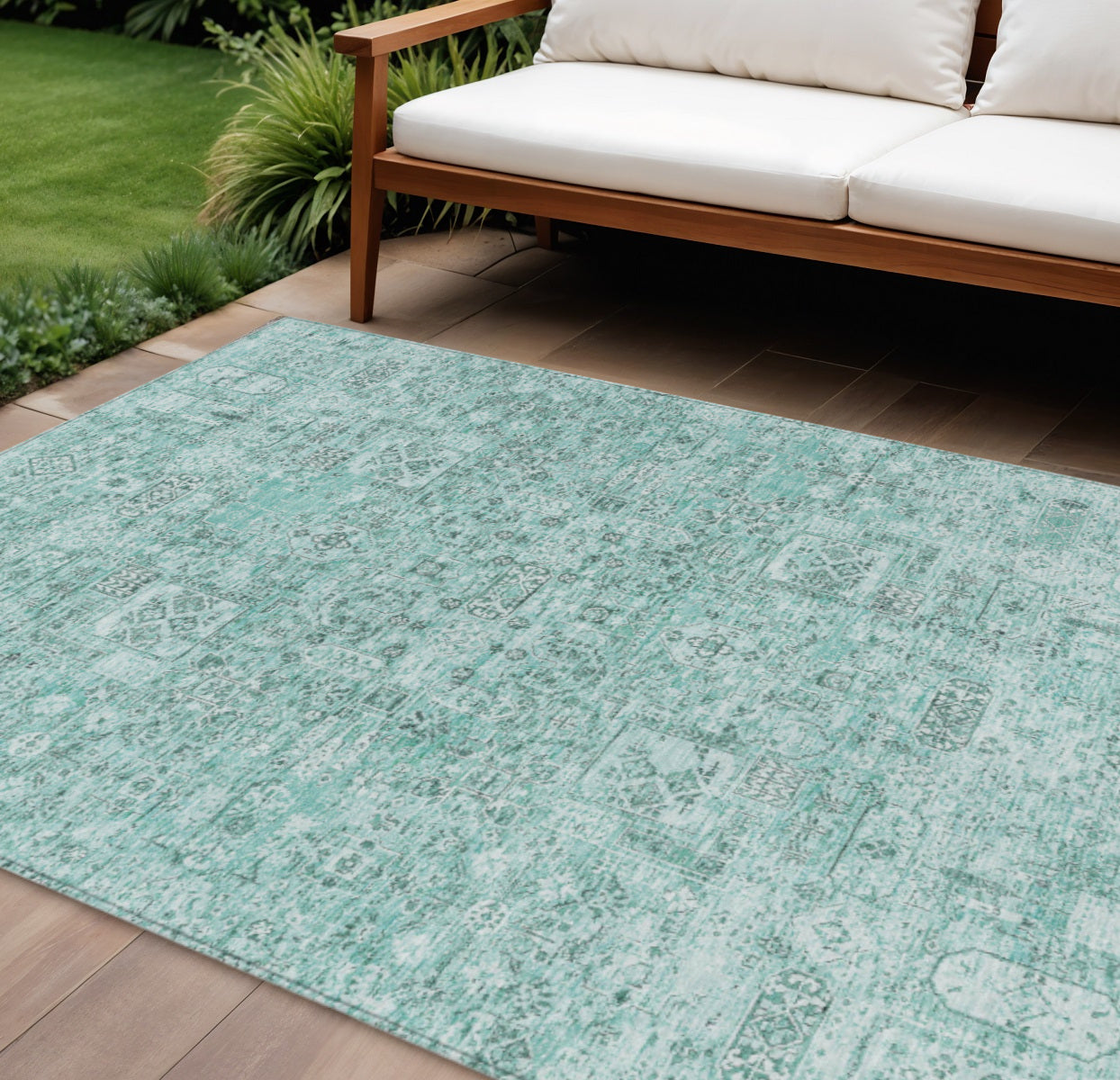 9' X 12' Teal Blue Aqua And Gray Floral Washable Indoor Outdoor Area Rug