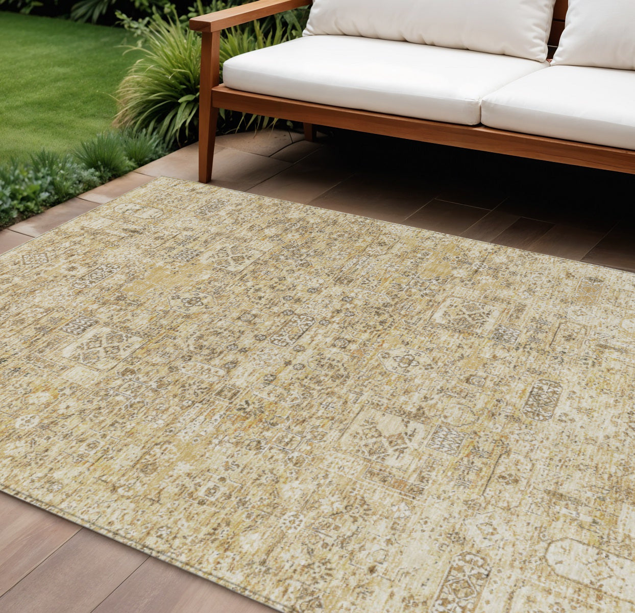 9' X 12' Wheat Beige And Gray Floral Washable Indoor Outdoor Area Rug