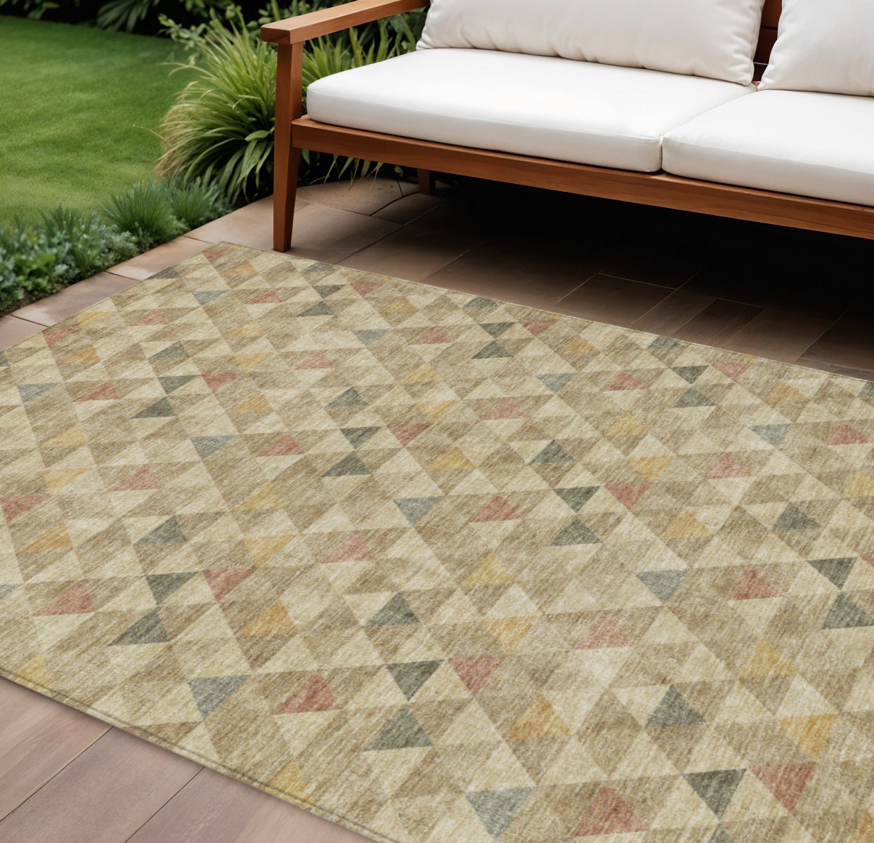 10' X 14' Beige Tan And Taupe Geometric Washable Indoor Outdoor Area Rug
