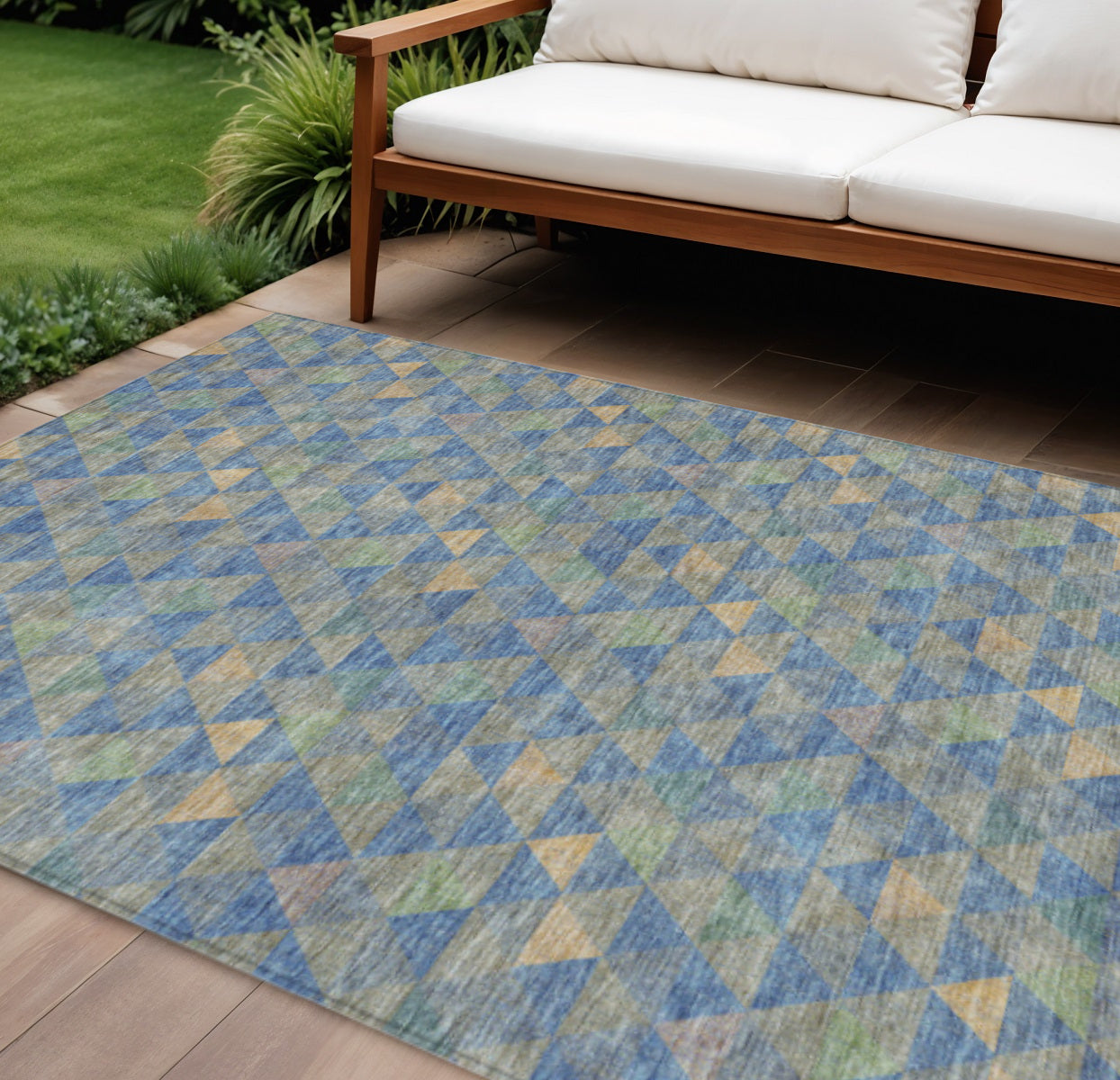 9' X 12' Sky Blue And Gray Geometric Washable Indoor Outdoor Area Rug