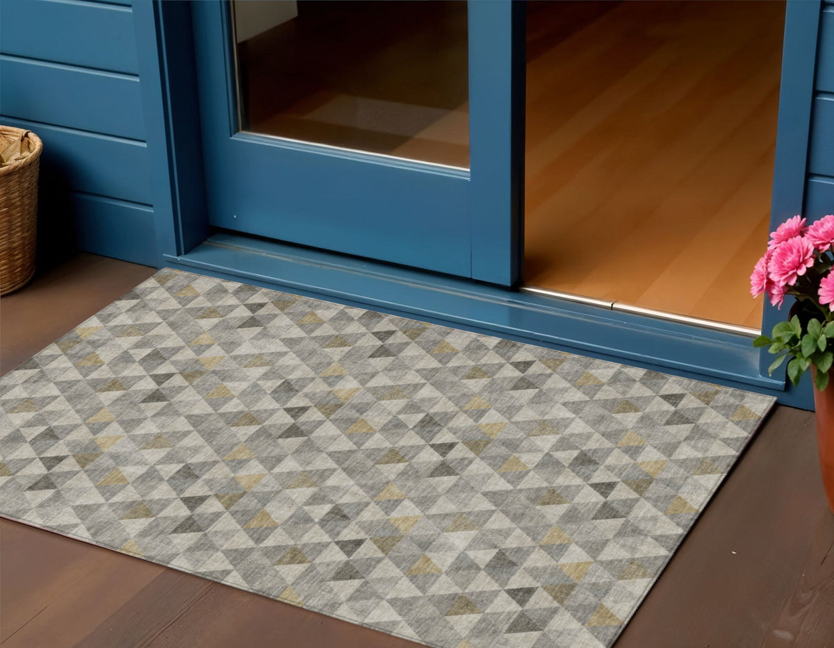 3' X 5' Taupe Beige And Tan Geometric Washable Indoor Outdoor Area Rug