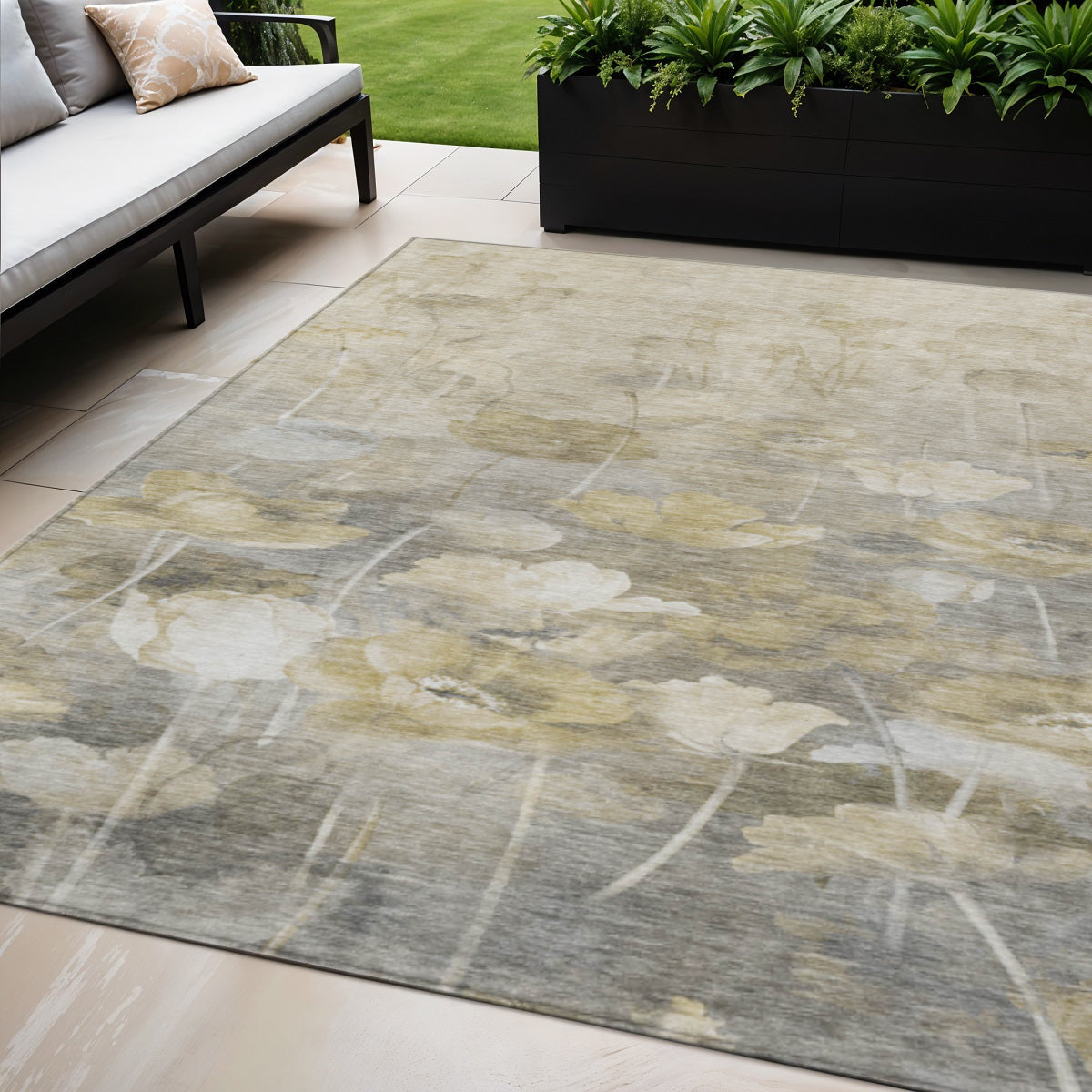 5' X 8' Beige Taupe And Wheat Floral Washable Indoor Outdoor Area Rug