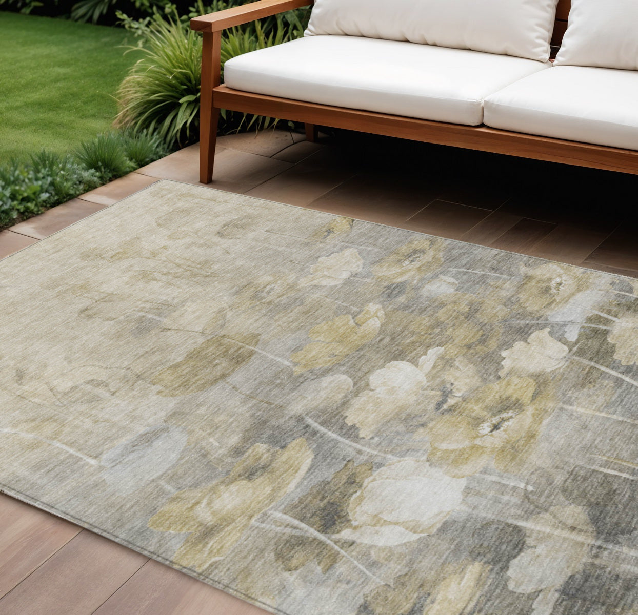 9' X 12' Beige Taupe And Wheat Floral Washable Indoor Outdoor Area Rug