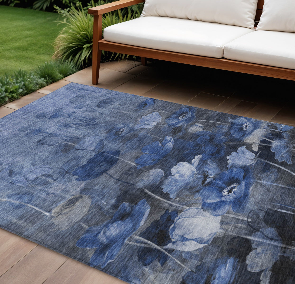9' X 12' Navy Blue And Denim Blue Floral Washable Indoor Outdoor Area Rug