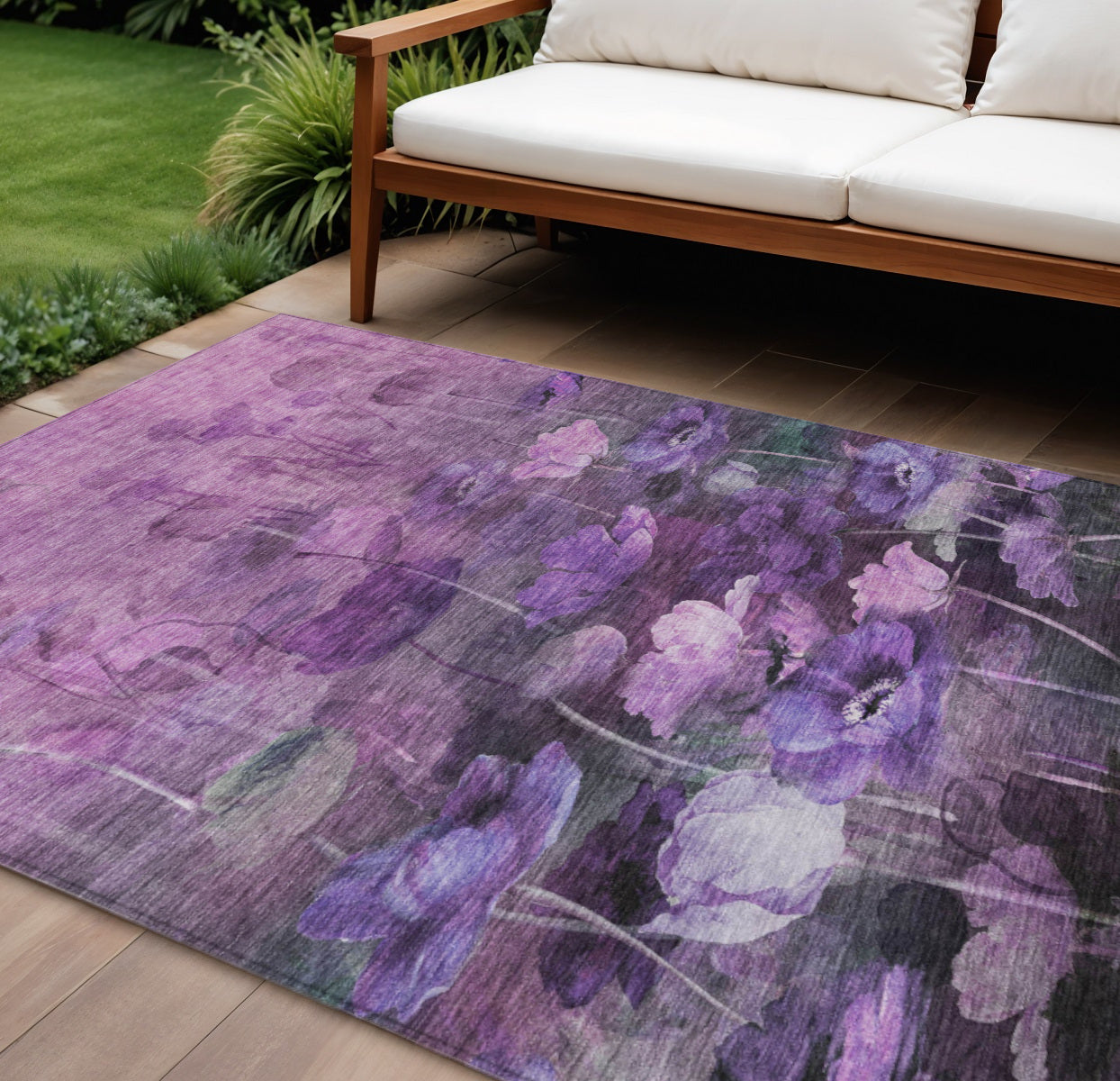 8' X 10' Purple Eggplant And Lavender Floral Washable Indoor Outdoor Area Rug