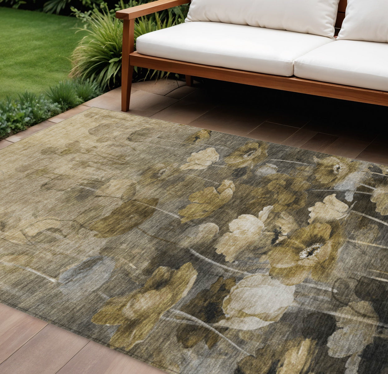 9' X 12' Taupe Beige And Tan Floral Washable Indoor Outdoor Area Rug