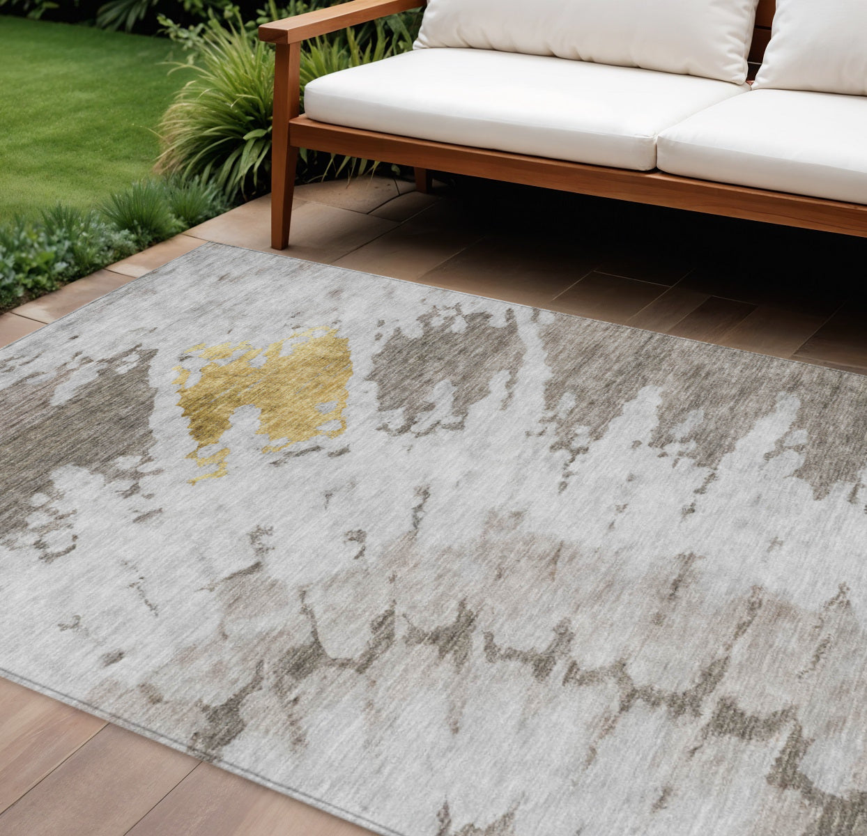 9' X 12' Taupe Khaki And Ivory Abstract Washable Indoor Outdoor Area Rug