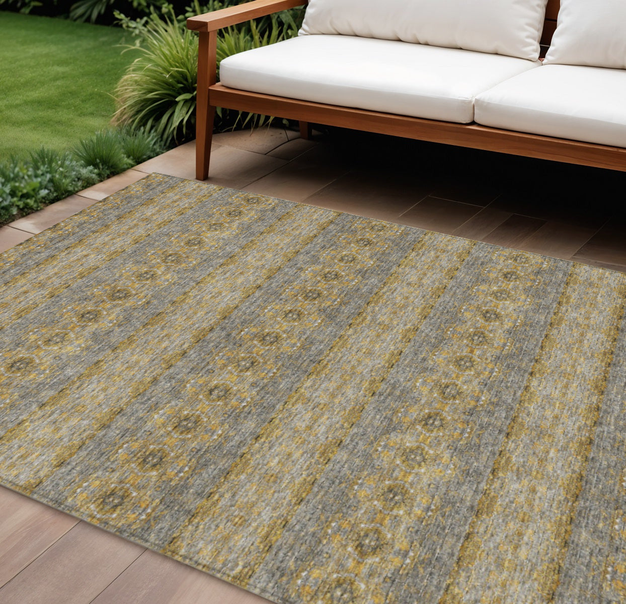 9' X 12' Gold Gray And Silver Floral Medallion Washable Indoor Outdoor Area Rug