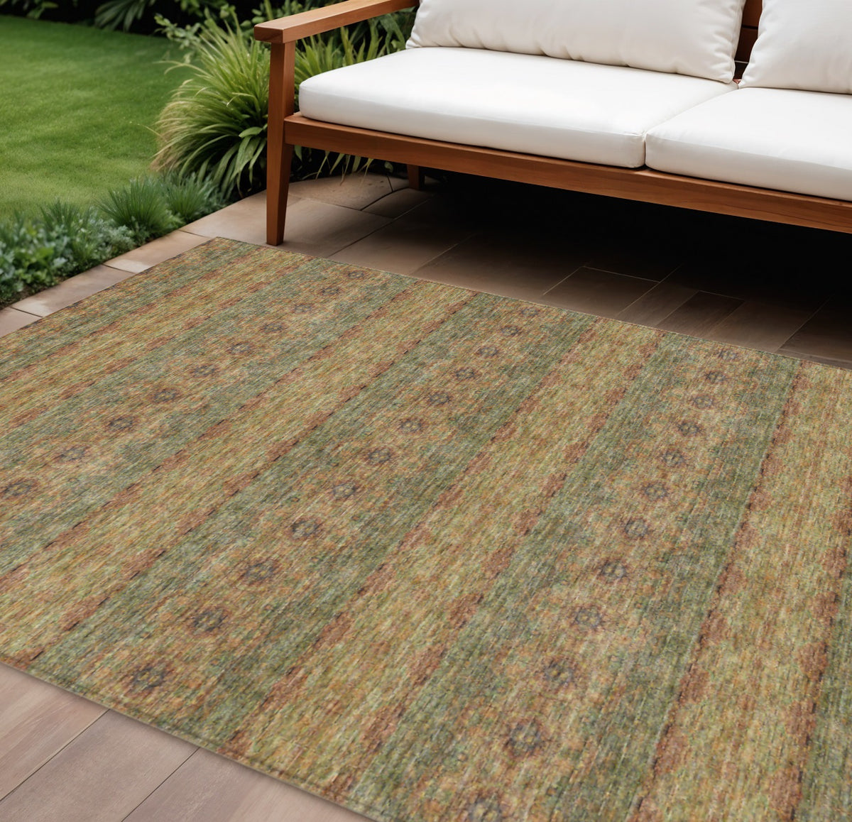 9' X 12' Artichoke Green And Olive Green Floral Medallion Washable Indoor Outdoor Area Rug