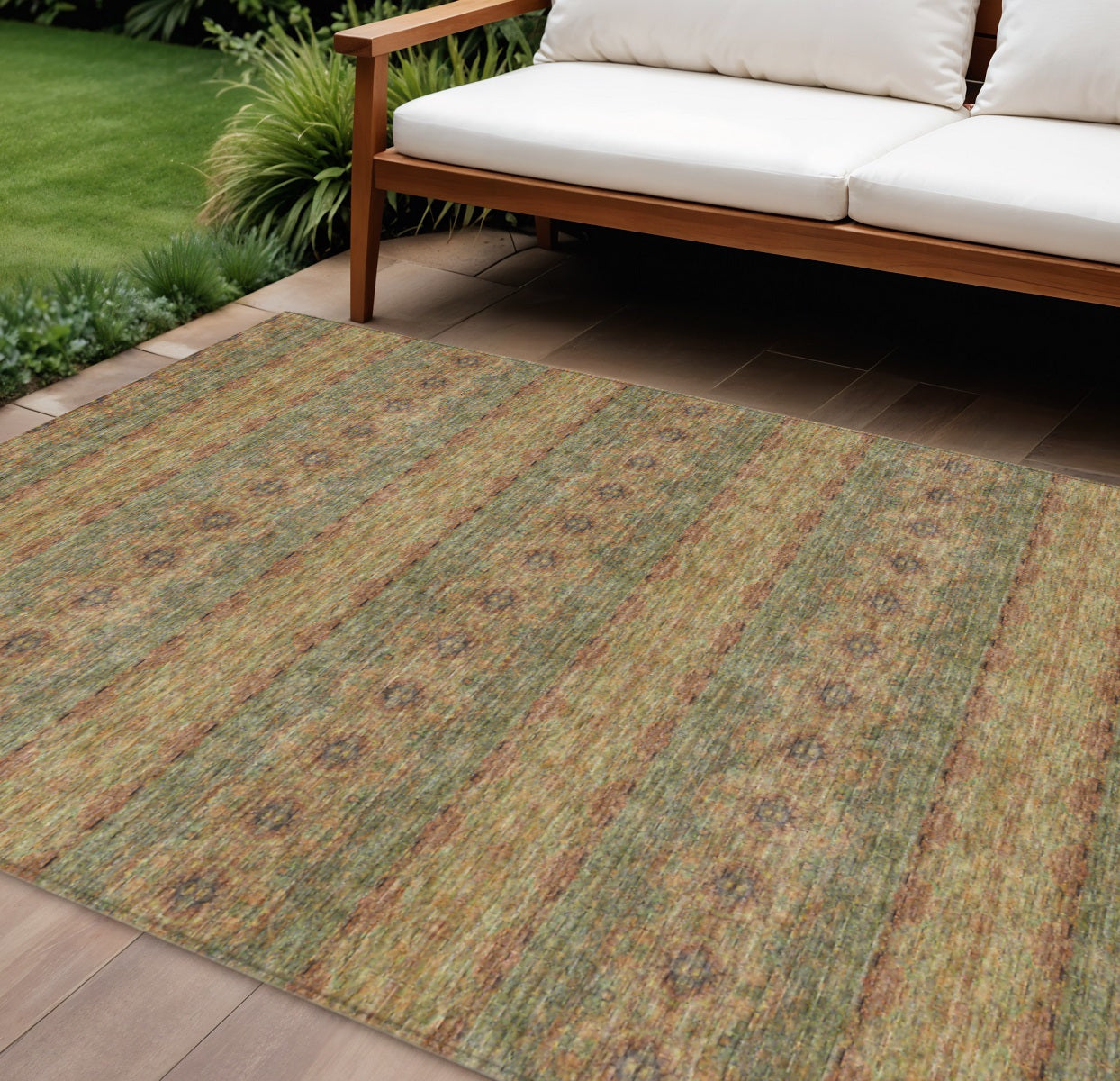 10' X 14' Artichoke Green And Olive Green Floral Medallion Washable Indoor Outdoor Area Rug