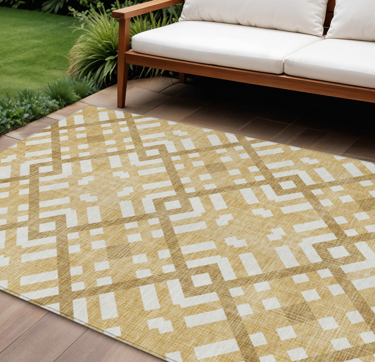 9' X 12' Gold Beige And Tan Geometric Washable Indoor Outdoor Area Rug