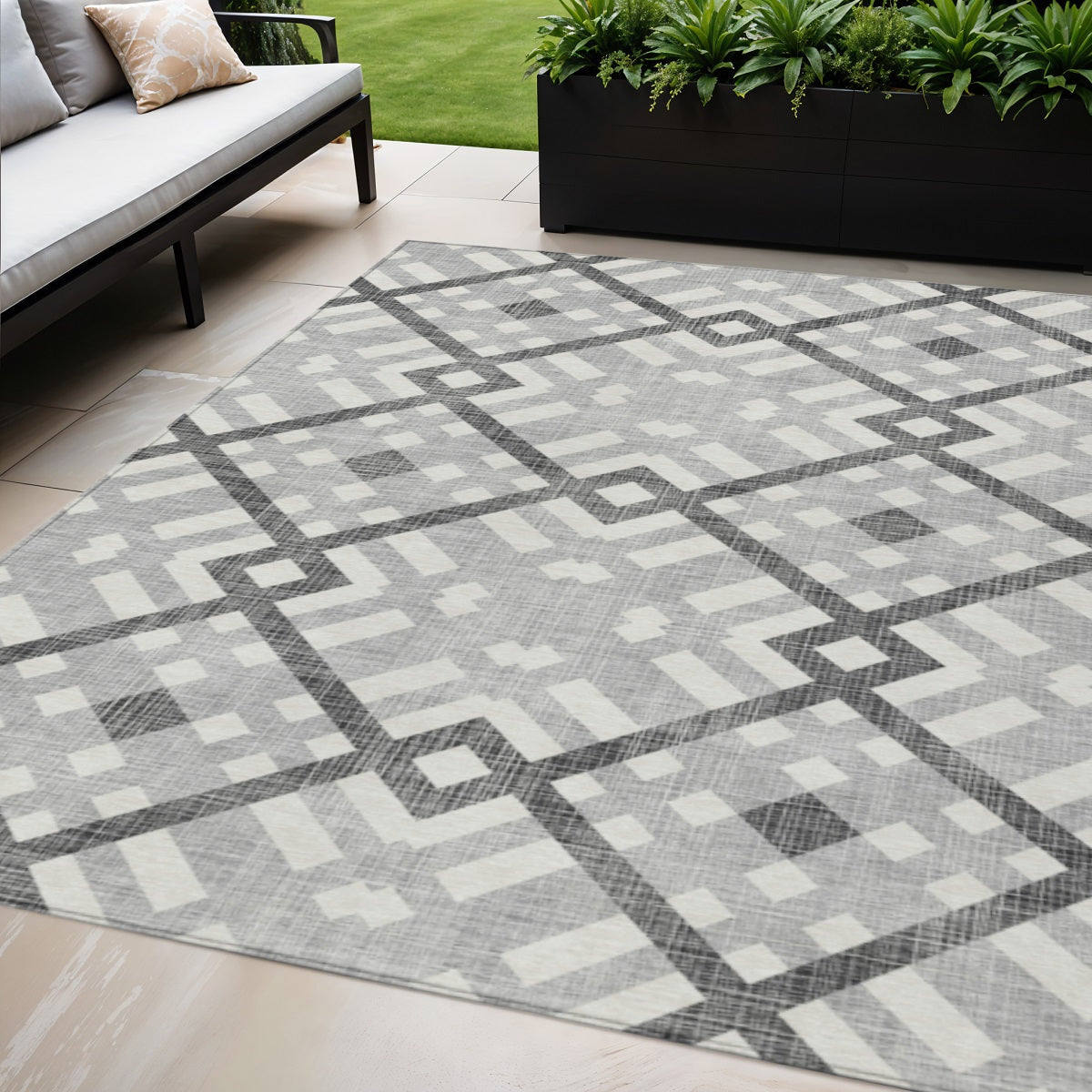 5' X 8' Gray Charcoal And Ivory Geometric Washable Indoor Outdoor Area Rug