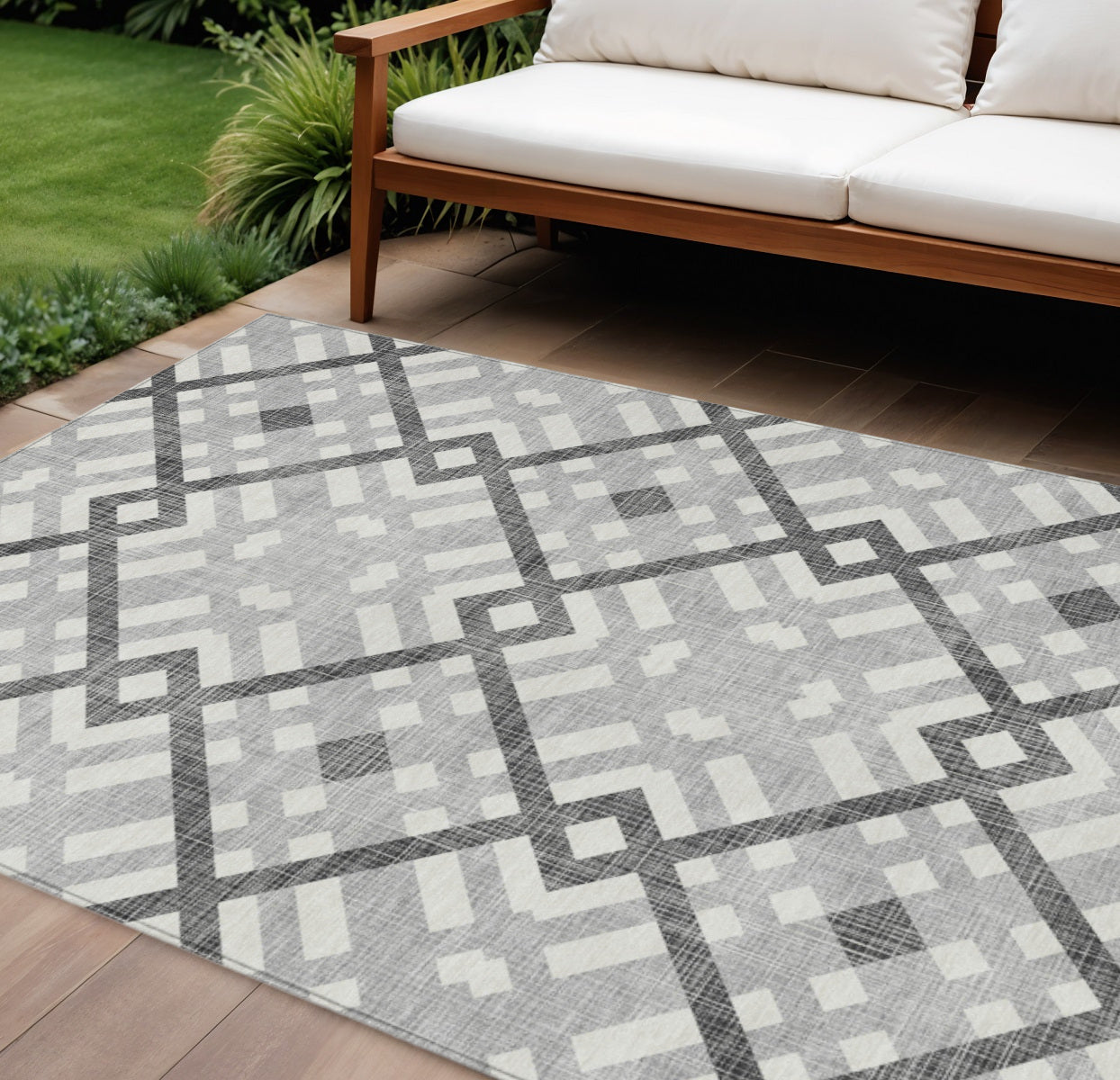 9' X 12' Gray Charcoal And Ivory Geometric Washable Indoor Outdoor Area Rug