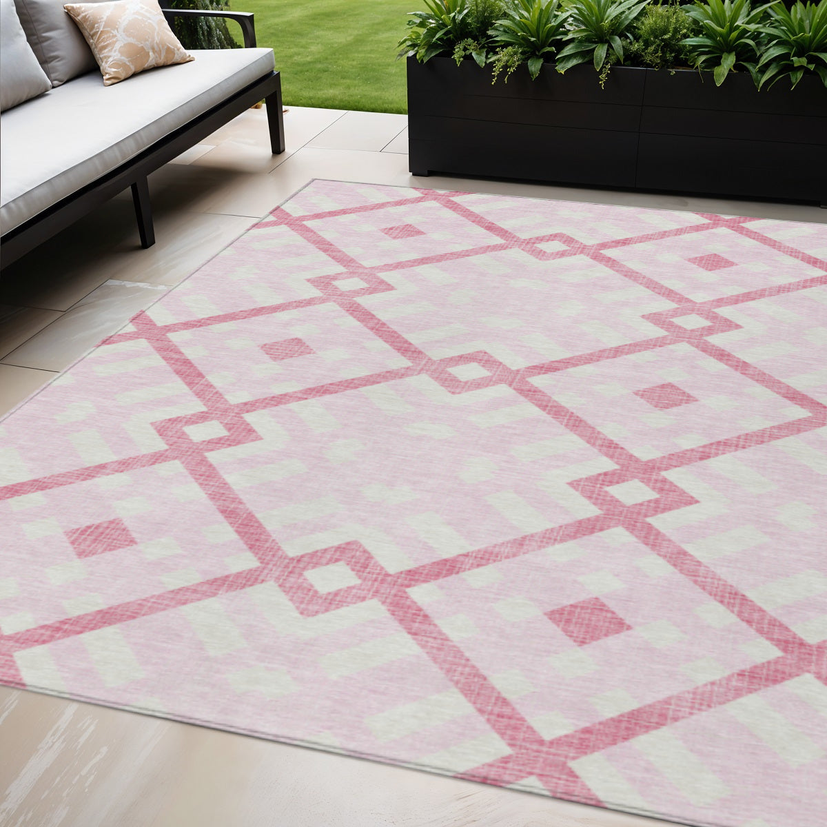 5' X 8' Pink Blush And Ivory Geometric Washable Indoor Outdoor Area Rug