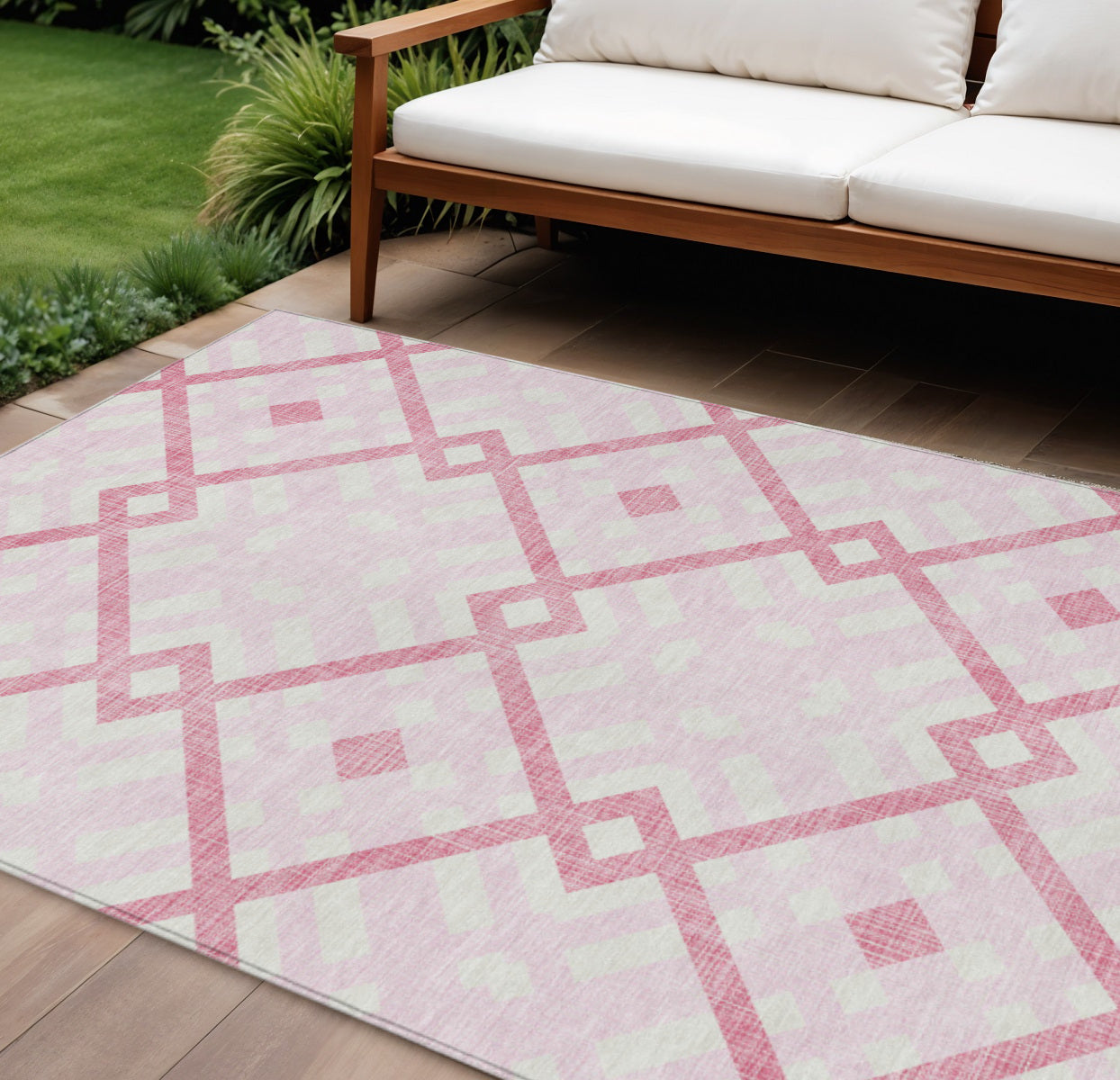 9' X 12' Pink Blush And Ivory Geometric Washable Indoor Outdoor Area Rug