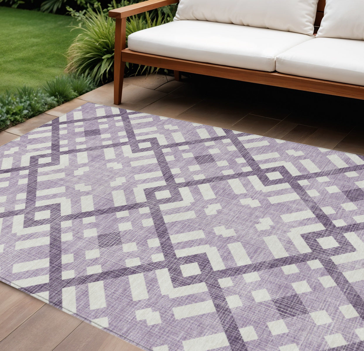 9' X 12' Purple Lilac And Ivory Geometric Washable Indoor Outdoor Area Rug