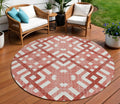 8' Red And Ivory Round Geometric Washable Indoor Outdoor Area Rug