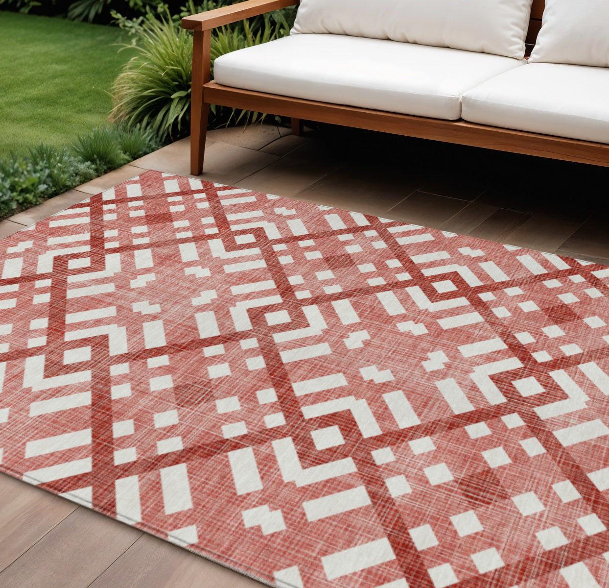9' X 12' Red And Ivory Geometric Washable Indoor Outdoor Area Rug
