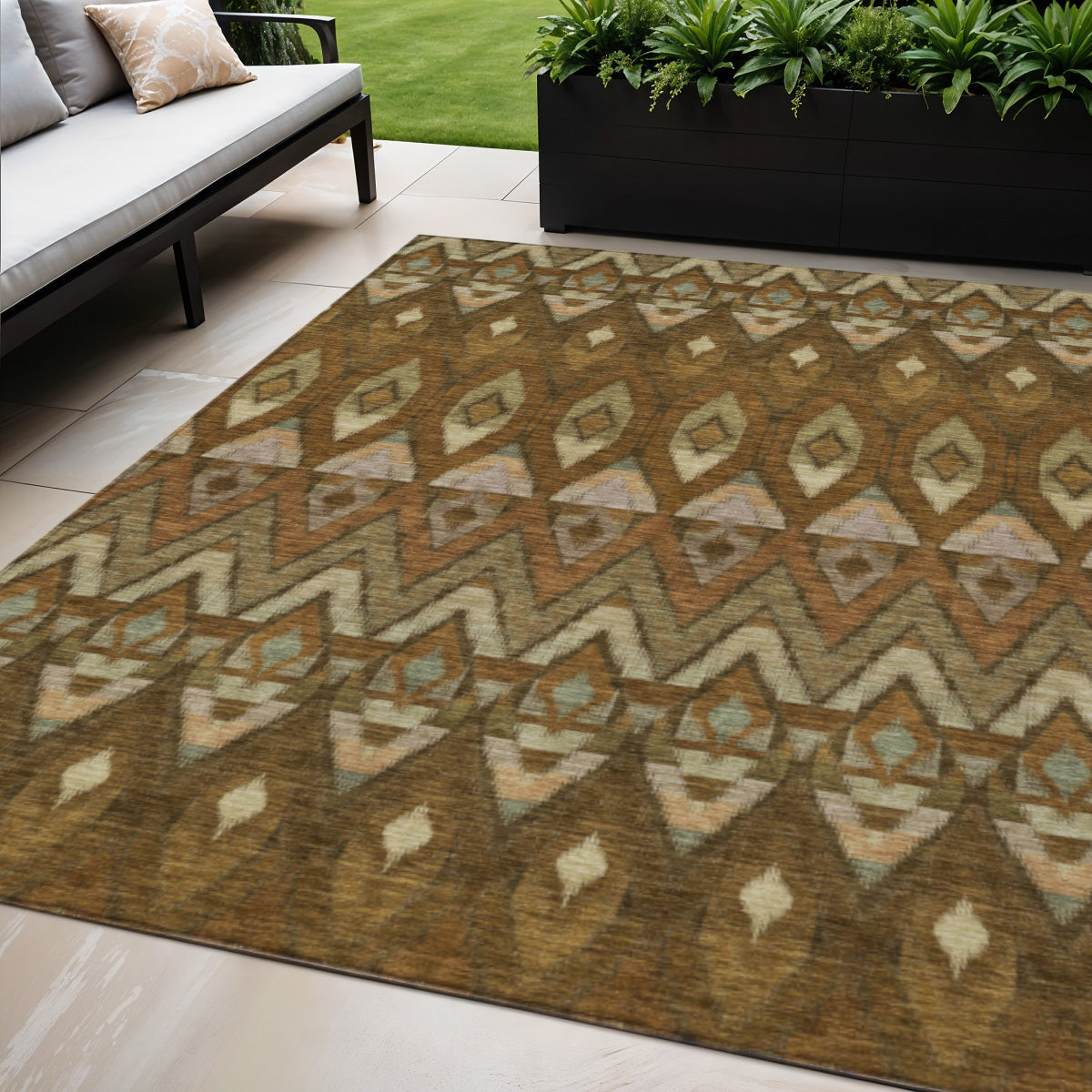 5' X 8' Brown Beige And Artichoke Green Southwestern Washable Indoor Outdoor Area Rug