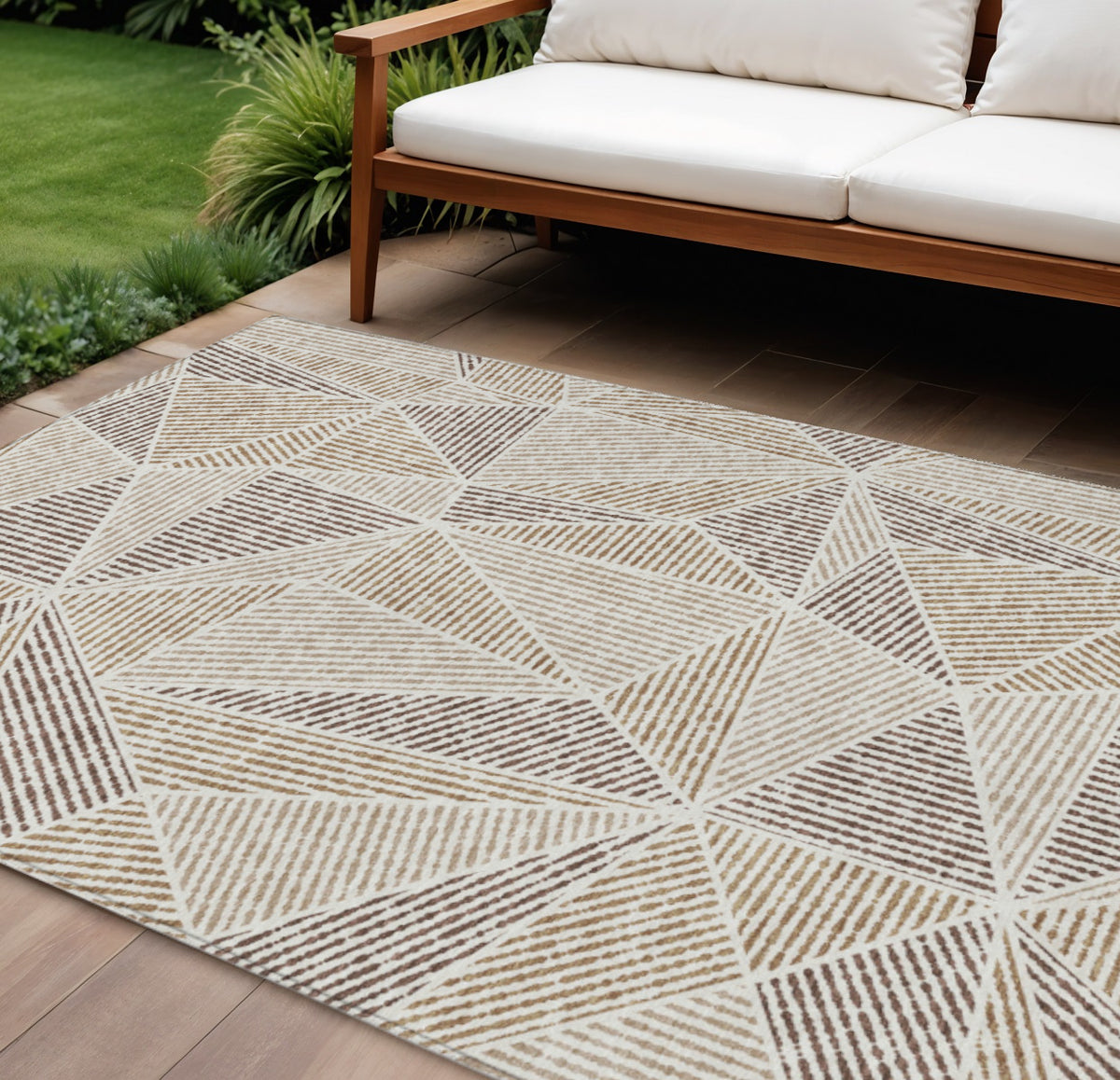 9' X 12' Brown Taupe And Beige Geometric Washable Indoor Outdoor Area Rug