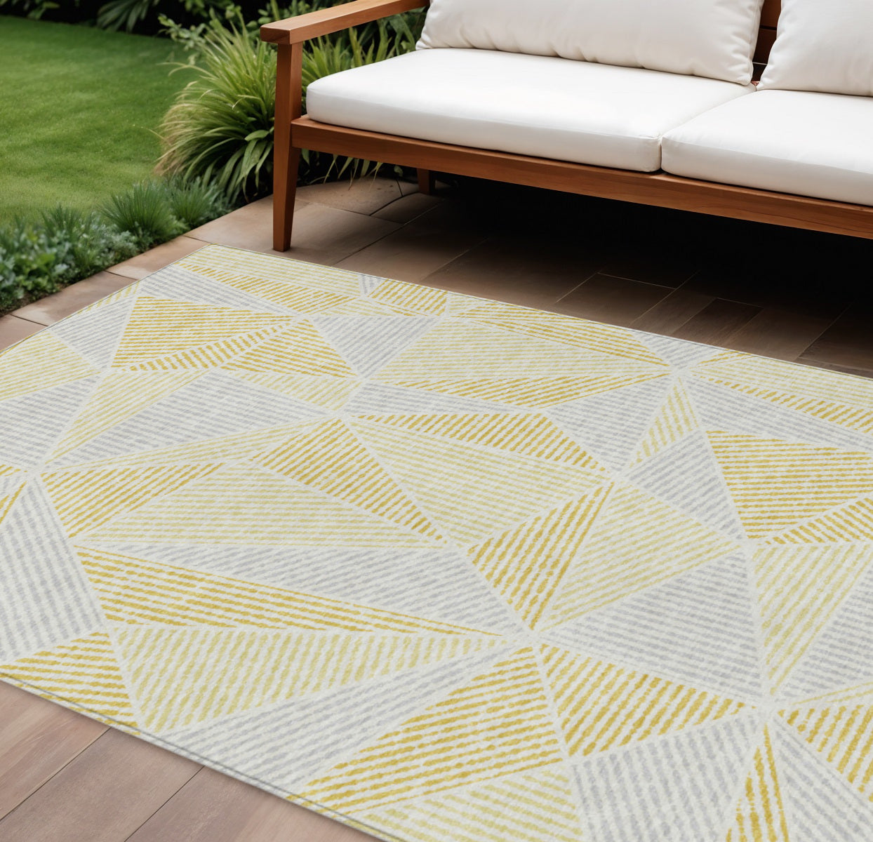 9' X 12' Gold Gray And Wheat Geometric Washable Indoor Outdoor Area Rug