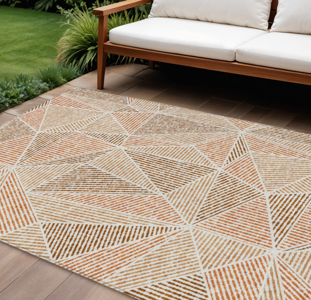9' X 12' Terra Cotta Beige And Salmon Geometric Washable Indoor Outdoor Area Rug
