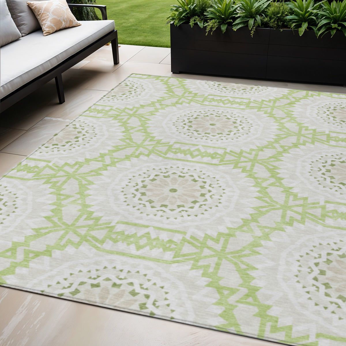 5' X 8' Artichoke Green Olive Green And Tan Floral Medallion Washable Indoor Outdoor Area Rug