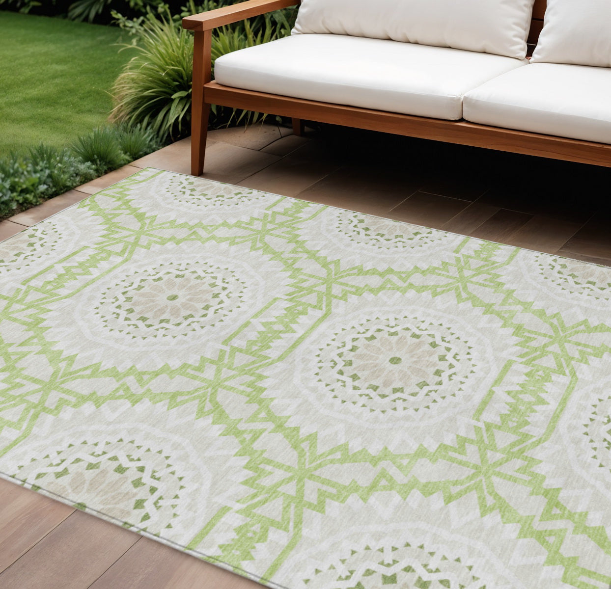 10' X 14' Artichoke Green Olive Green And Tan Floral Medallion Washable Indoor Outdoor Area Rug