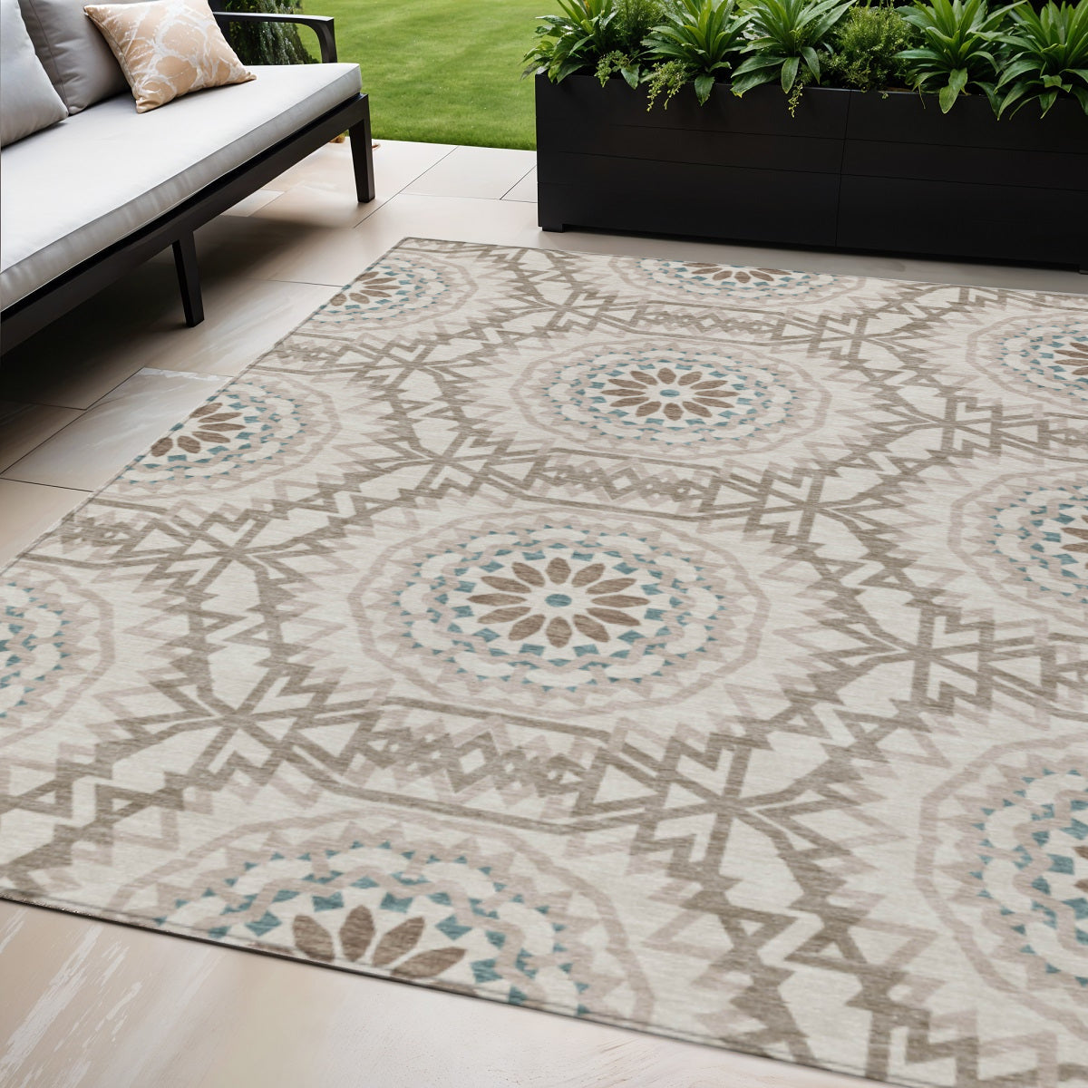 5' X 8' Beige Brown And Teal Blue Floral Medallion Washable Indoor Outdoor Area Rug