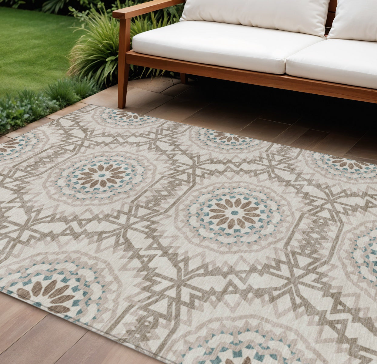 10' X 14' Beige Brown And Teal Blue Floral Medallion Washable Indoor Outdoor Area Rug
