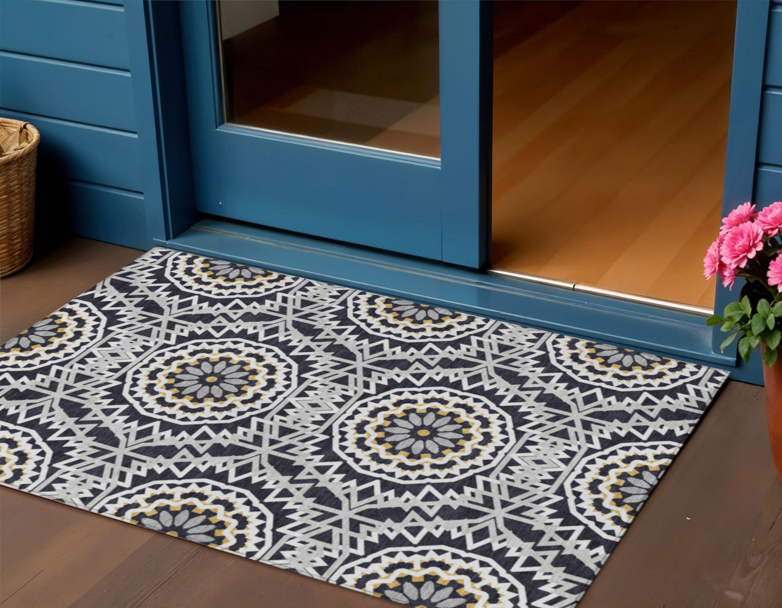 3' X 5' Black Ivory And Gray Floral Medallion Washable Indoor Outdoor Area Rug