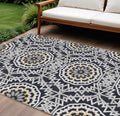 8' X 10' Black Ivory And Gray Floral Medallion Washable Indoor Outdoor Area Rug