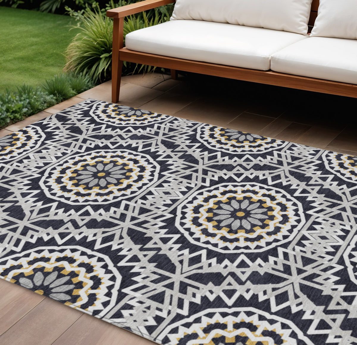 9' X 12' Black Ivory And Gray Floral Medallion Washable Indoor Outdoor Area Rug