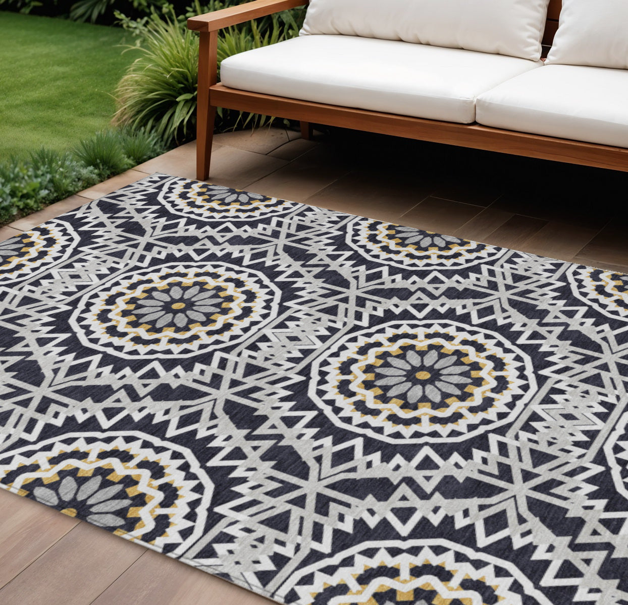 10' X 14' Black Ivory And Gray Floral Medallion Washable Indoor Outdoor Area Rug