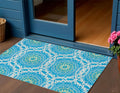 3' X 5' Ivory And Sky Blue Floral Medallion Washable Indoor Outdoor Area Rug