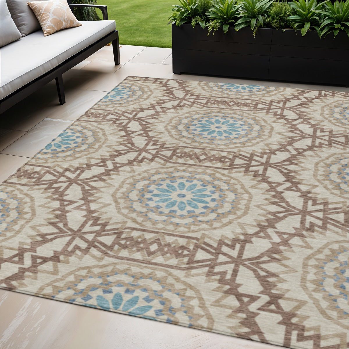 5' X 8' Khaki Brown And Taupe Floral Medallion Washable Indoor Outdoor Area Rug