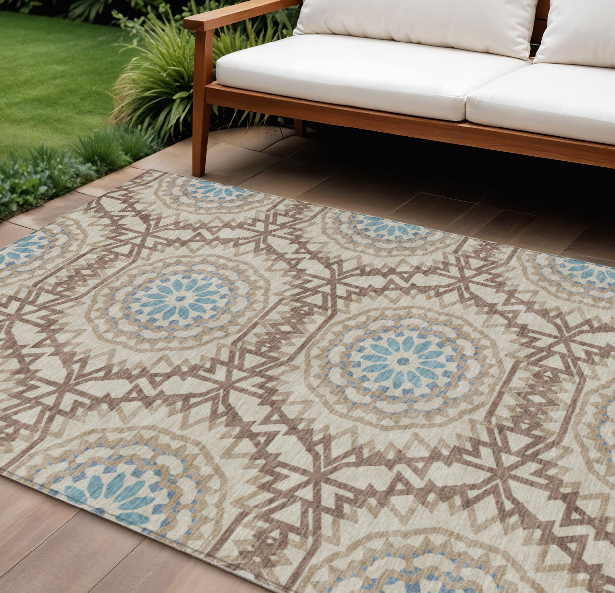 9' X 12' Khaki Brown And Taupe Floral Medallion Washable Indoor Outdoor Area Rug