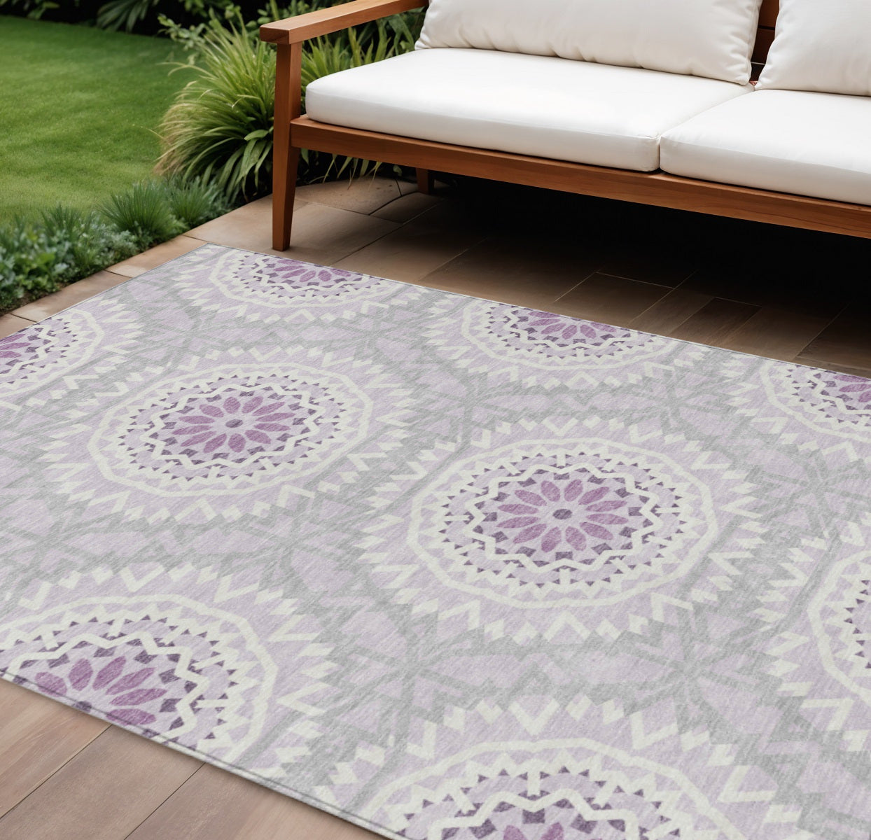 9' X 12' Lilac Purple And Ivory Floral Medallion Washable Indoor Outdoor Area Rug