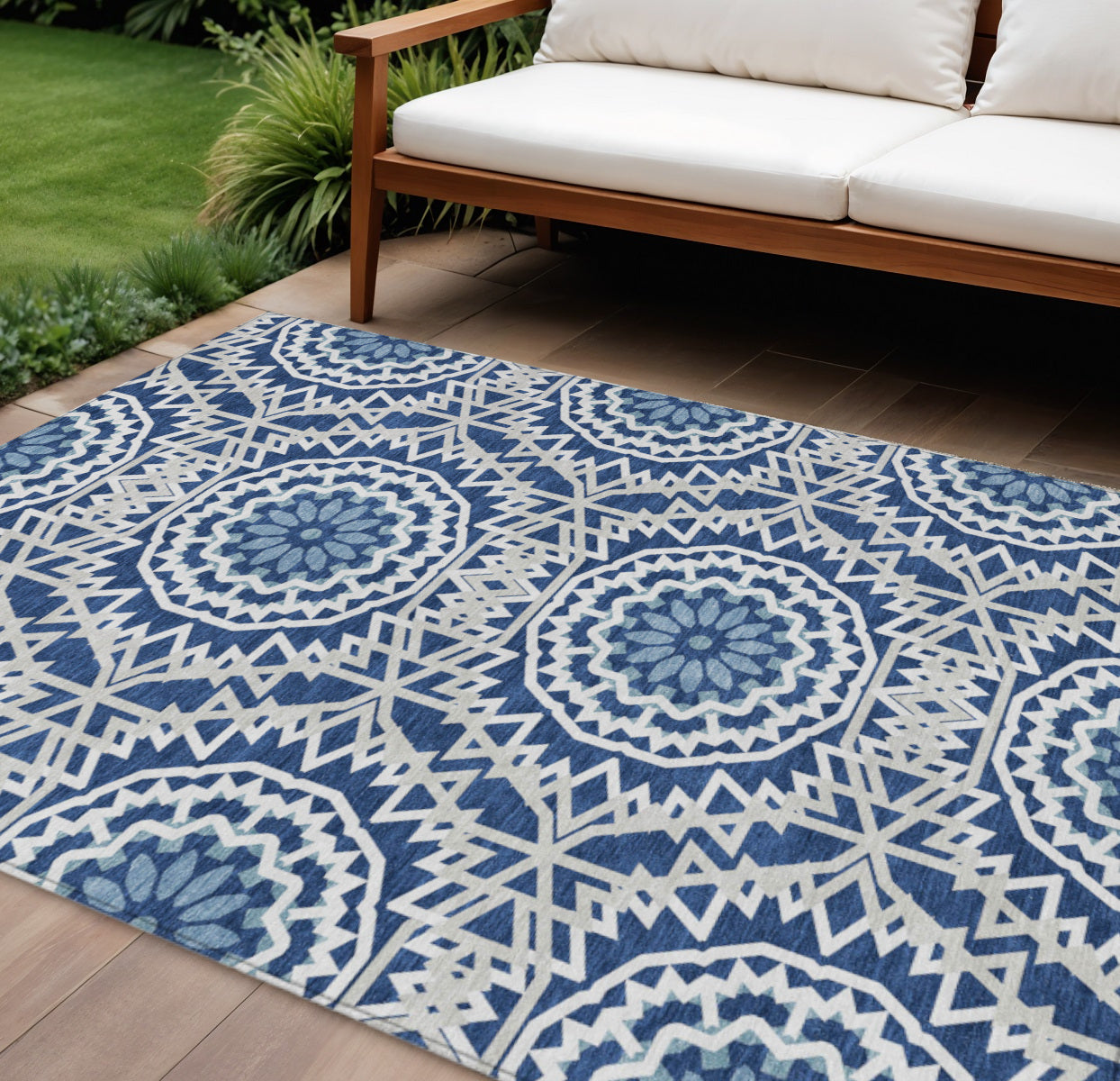 9' X 12' Navy Blue Ivory And Gray Floral Medallion Washable Indoor Outdoor Area Rug