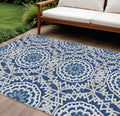 10' X 14' Navy Blue Ivory And Gray Floral Medallion Washable Indoor Outdoor Area Rug
