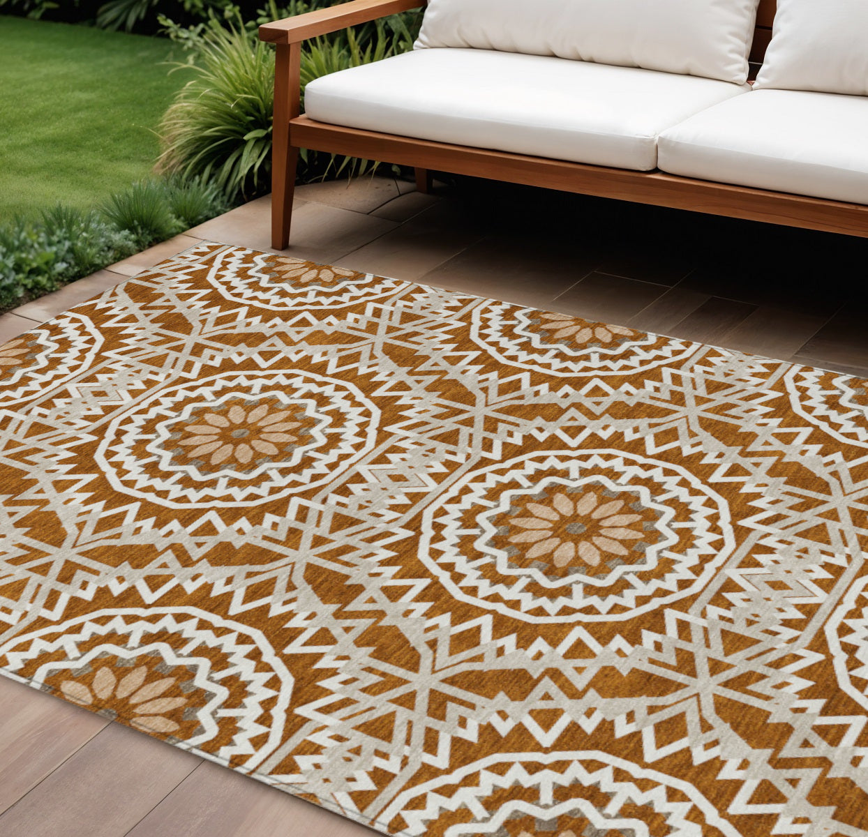 9' X 12' Orange Copper And Beige Floral Medallion Washable Indoor Outdoor Area Rug
