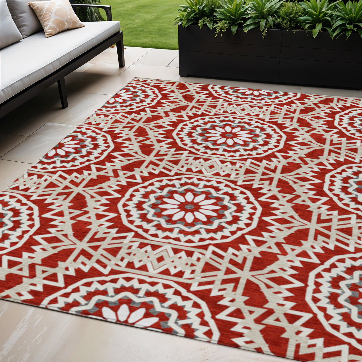 5' X 8' Red Beige And Ivory Floral Medallion Washable Indoor Outdoor Area Rug