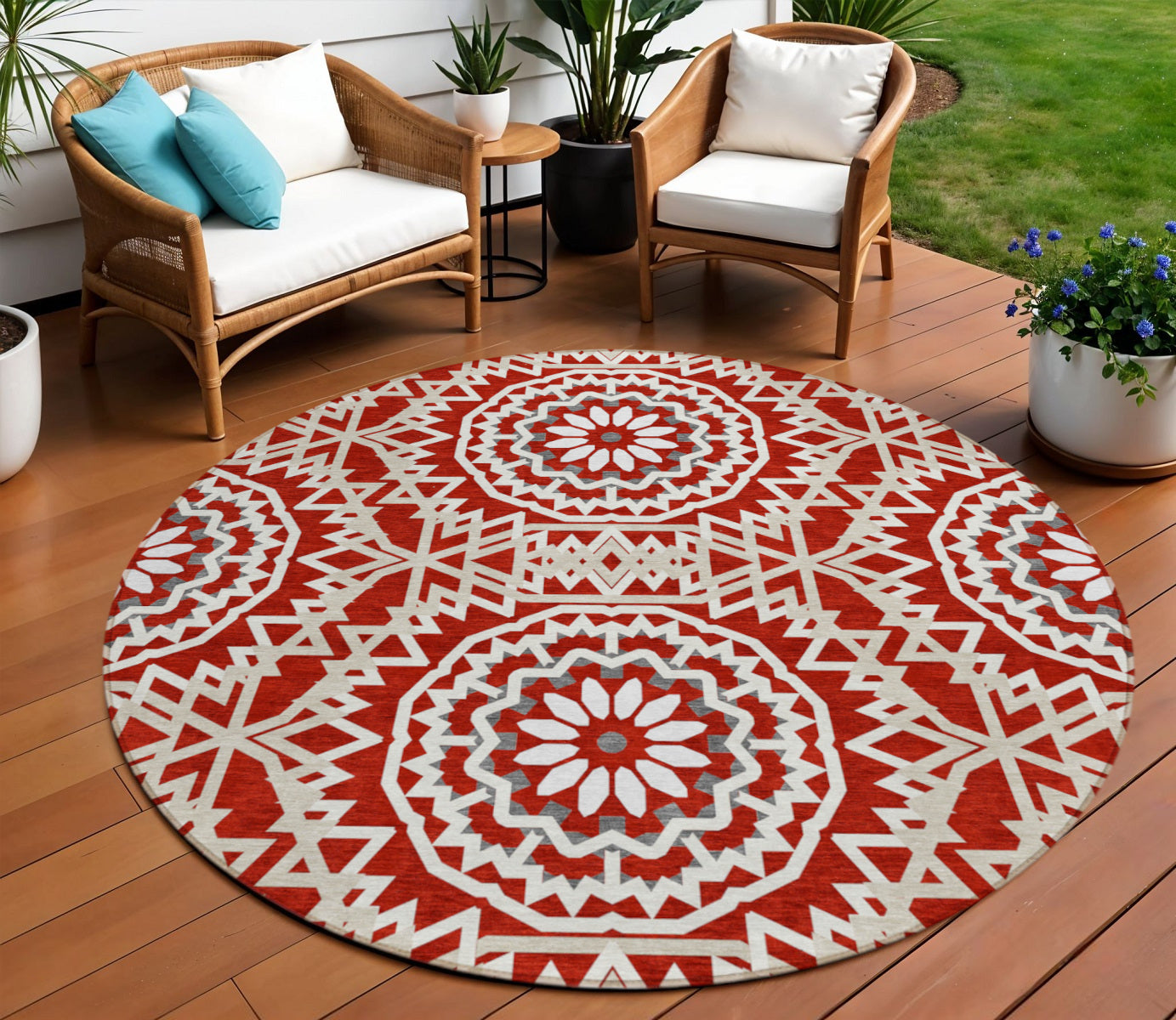 8' Red Beige And Ivory Round Floral Medallion Washable Indoor Outdoor Area Rug