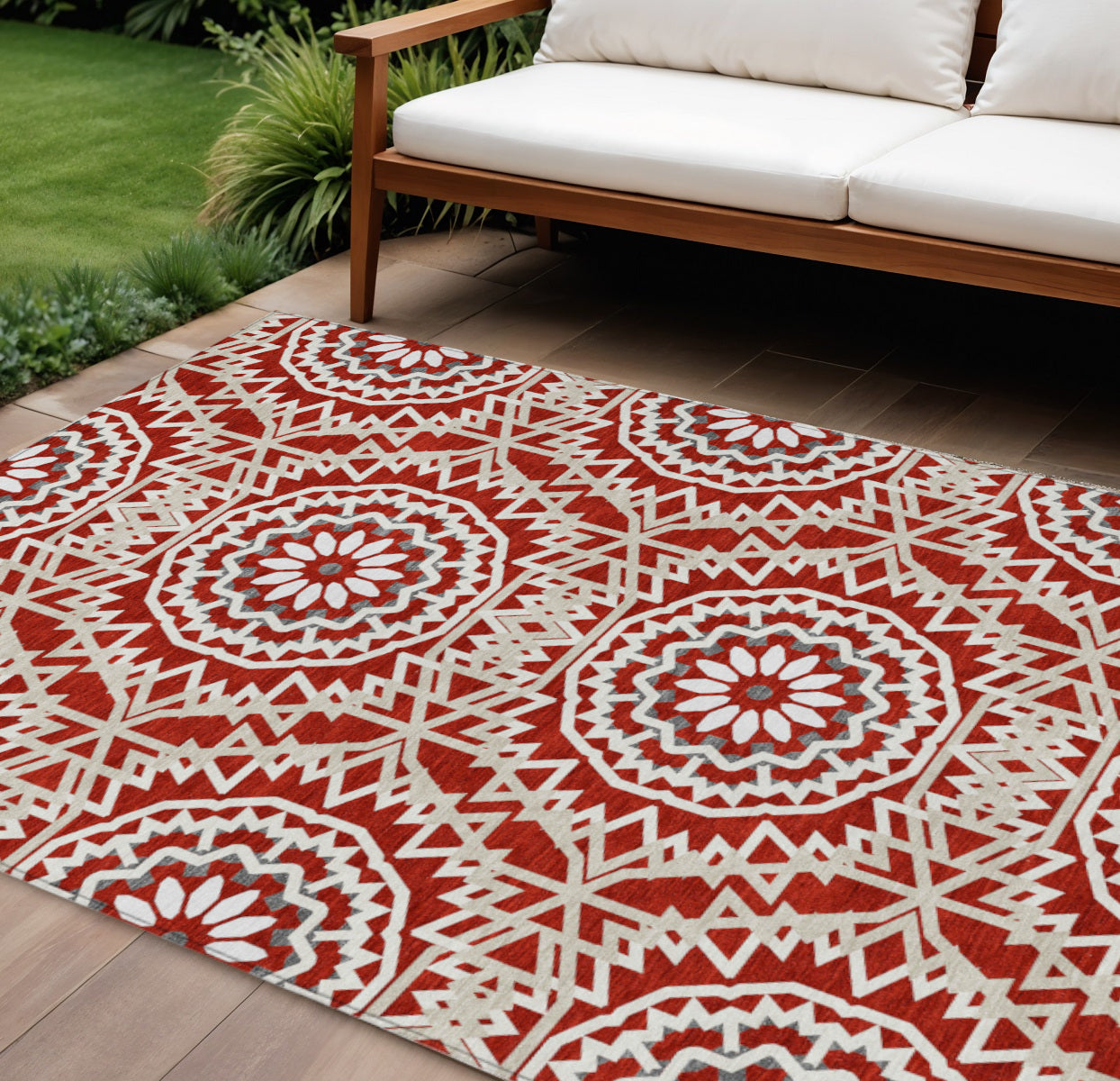 9' X 12' Red Beige And Ivory Floral Medallion Washable Indoor Outdoor Area Rug