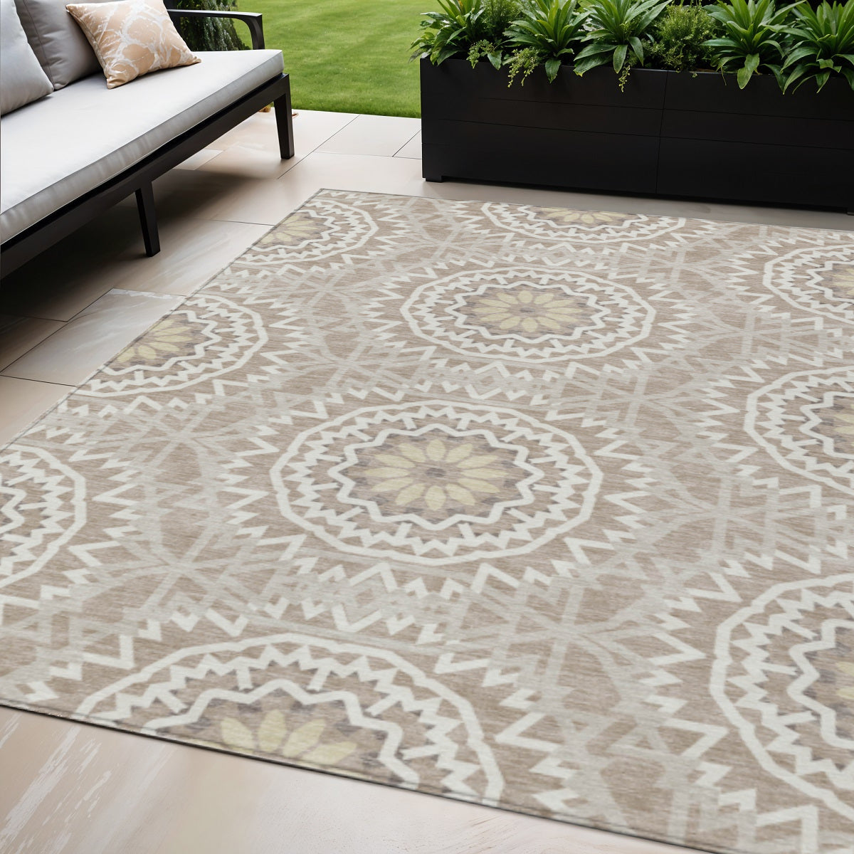 5' X 8' Taupe Khaki And Ivory Floral Medallion Washable Indoor Outdoor Area Rug