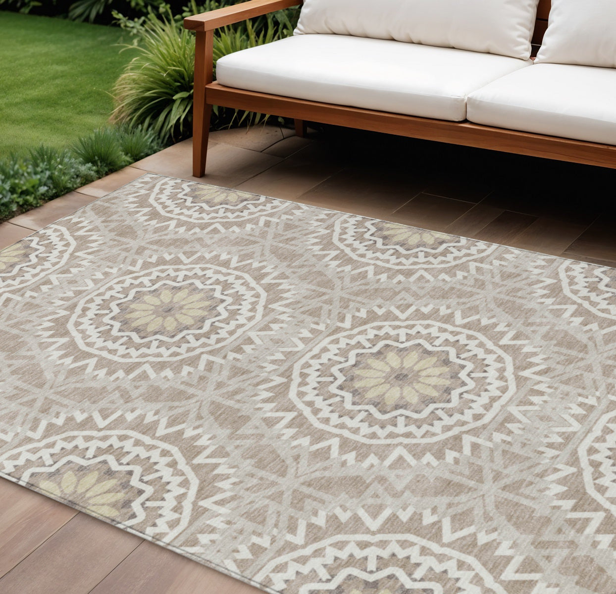 9' X 12' Taupe Khaki And Ivory Floral Medallion Washable Indoor Outdoor Area Rug