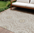 10' X 14' Taupe Khaki And Ivory Floral Medallion Washable Indoor Outdoor Area Rug