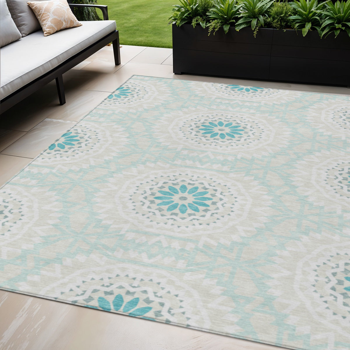 5' X 8' Teal Blue Beige And Ivory Floral Medallion Washable Indoor Outdoor Area Rug