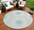 8' Teal Blue Beige And Ivory Round Floral Medallion Washable Indoor Outdoor Area Rug
