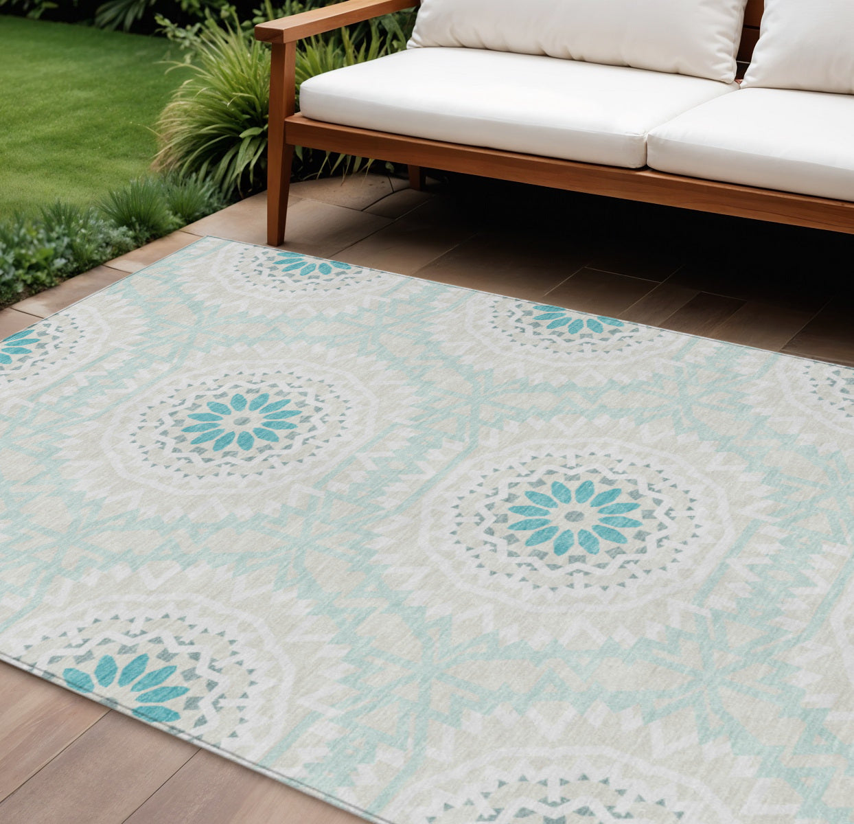 9' X 12' Teal Blue Beige And Ivory Floral Medallion Washable Indoor Outdoor Area Rug